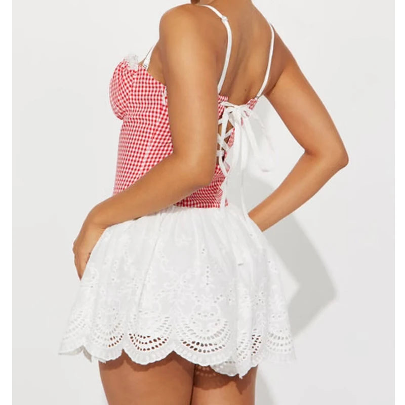 Sexy Women Plaid Spliced Sling Mini Summer Dress Lacing Up Bandage Back A-line Cotton Dress