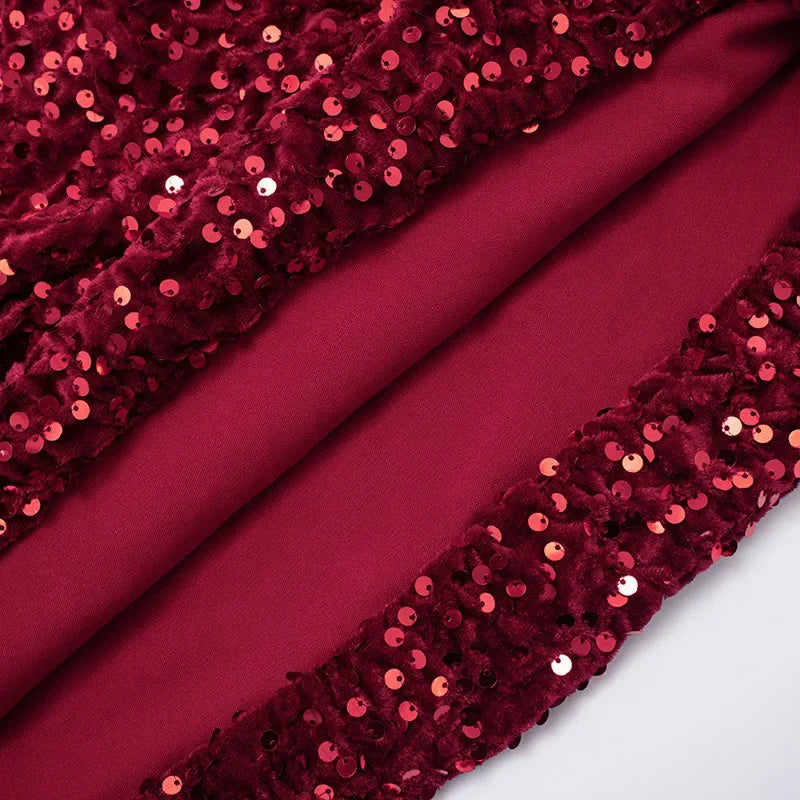 Sequin Patchwork Strapless Mini Dress Off Shoulder With Scarf Collar And Pleated Waist Cinch