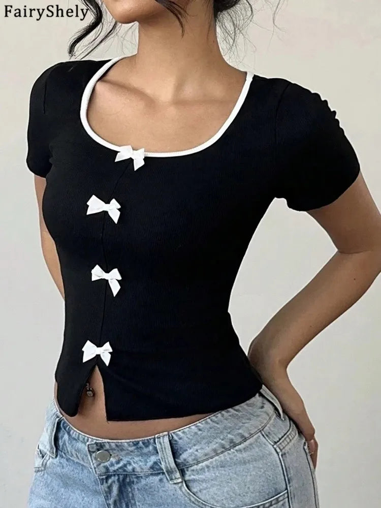 Square Neck Short Crop Top With Bow Black Bodycon Silhouette