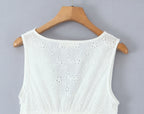 White Embroidered Lace V Neck Mini Dress With Hollow Out Detail And Back Zipper Closure