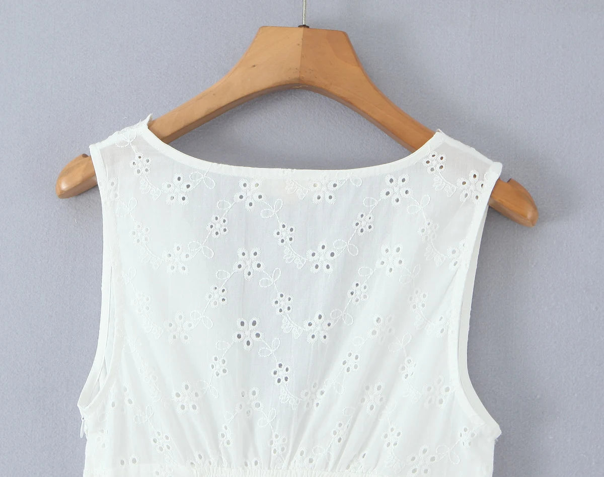 White Embroidered Lace V Neck Mini Dress With Hollow Out Detail And Back Zipper Closure