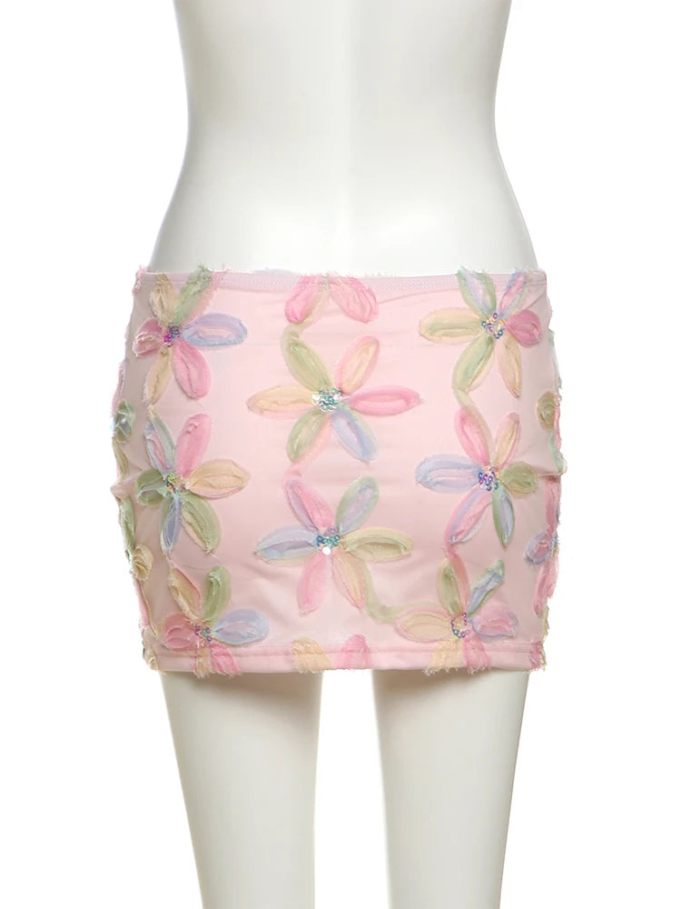 Colorful Floral Sequined Mesh Mini Skirt