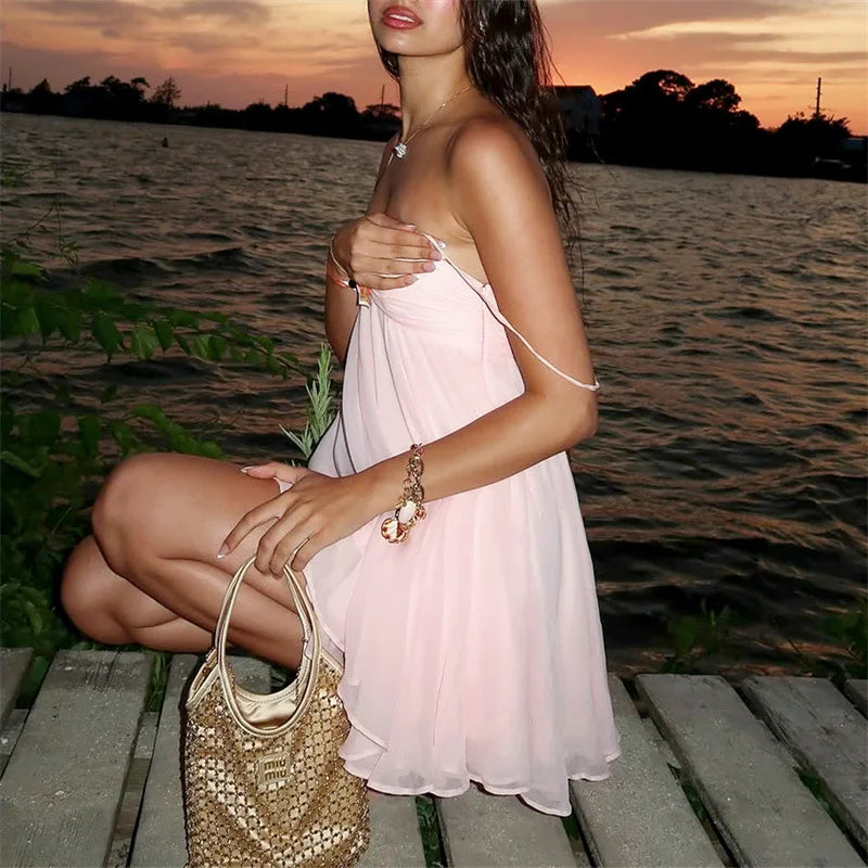 Summer Style One-line Collar Lust Chiffon Dress
