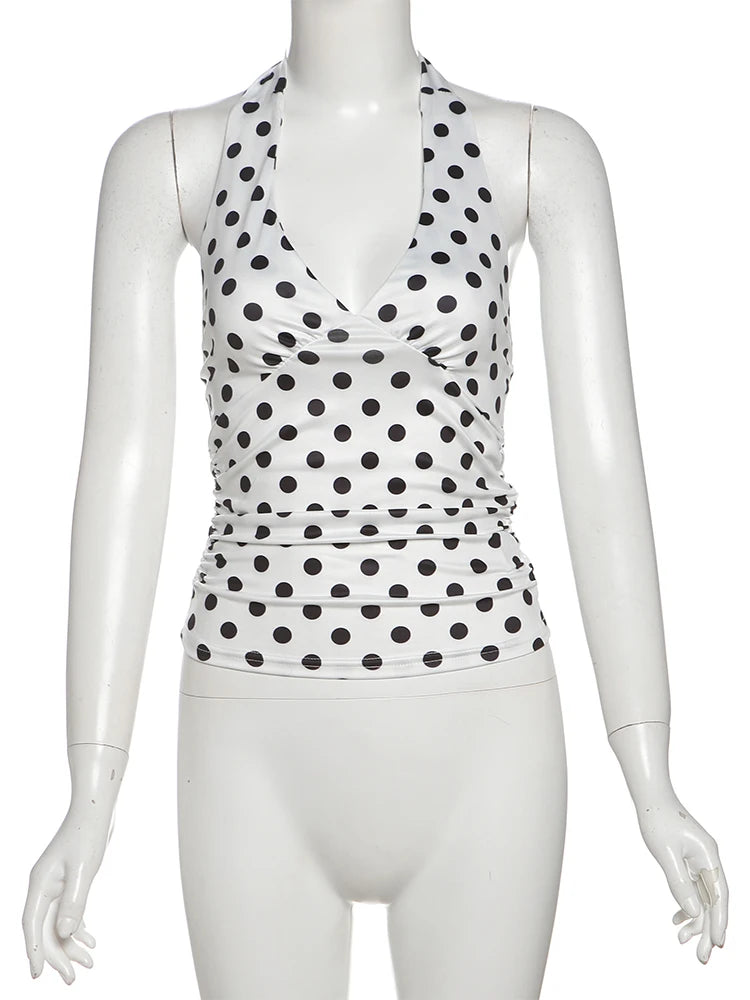 Polka Dot Halter Tank Top With Backless Lace Up Detail Chic Summer
