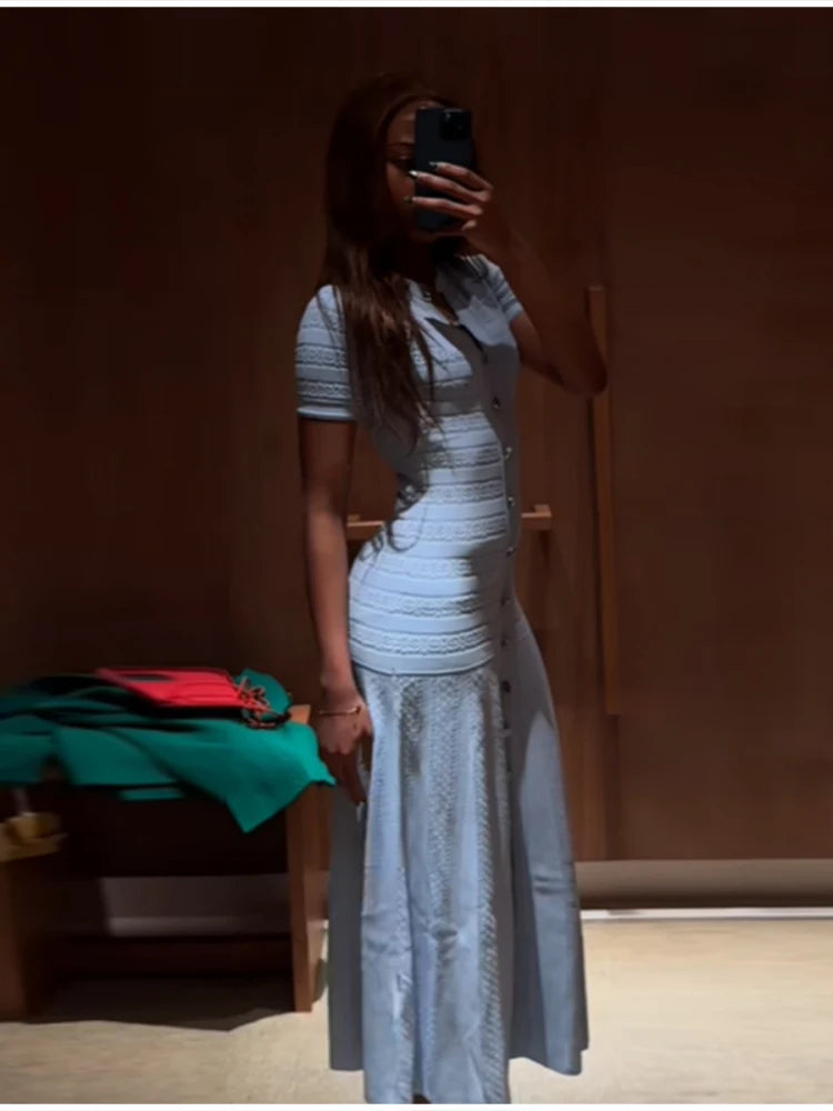 Baby Blue Knit Midi Dress With Button Front Short Sleeves Ruffles Slim Fit