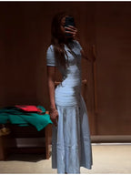 Baby Blue Knit Midi Dress With Button Front Short Sleeves Ruffles Slim Fit