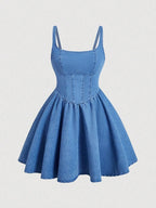 Vintage Denim Fishbone Dress With Thin Straps And High Rise A Line Flowy Hem