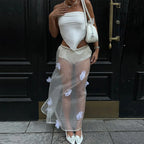 See Through Mesh Skirt With 3D Floral Embroidery High Waist Maxi