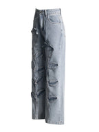 Floral Design Sense Casual Denim Trousers For Women High Waist Spliced Button  Loose Wide Leg Pants