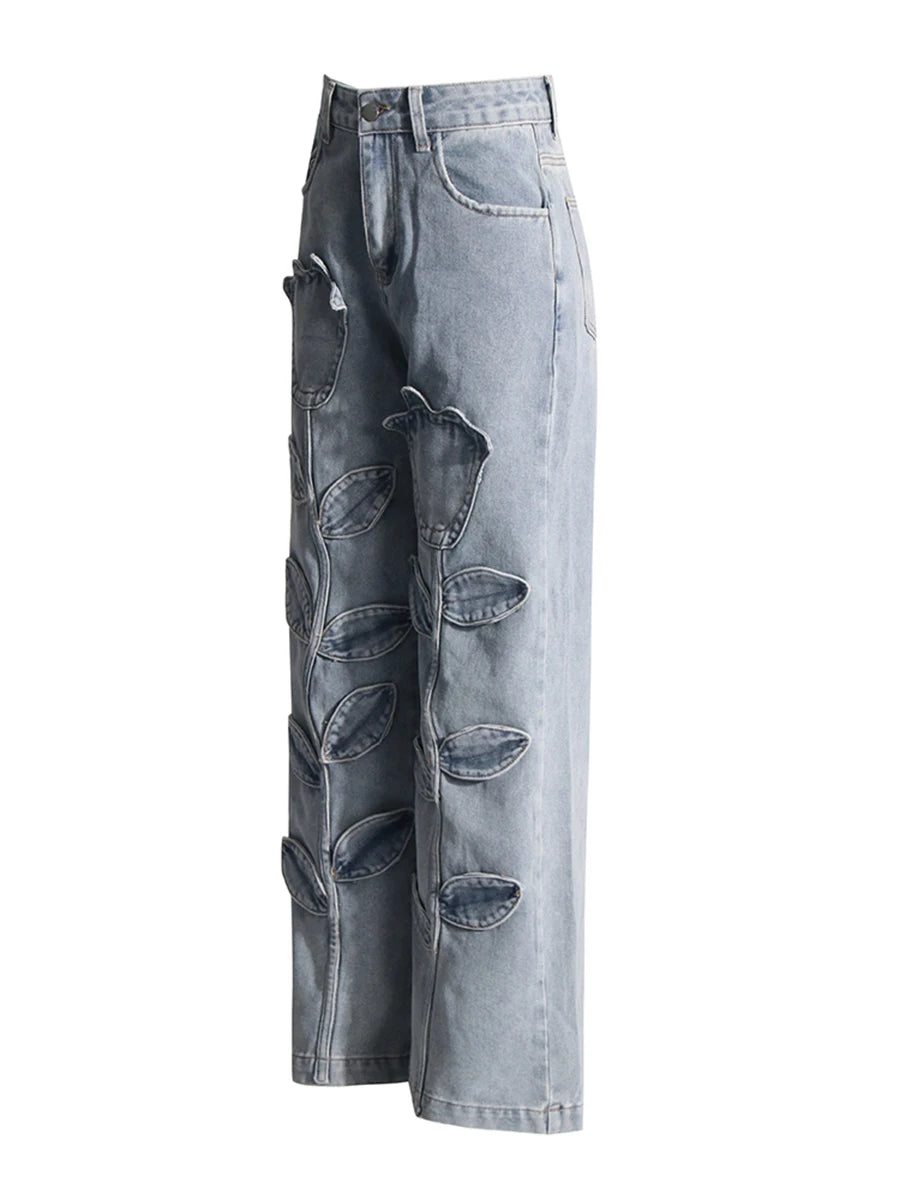 Floral Design Sense Casual Denim Trousers For Women High Waist Spliced Button  Loose Wide Leg Pants