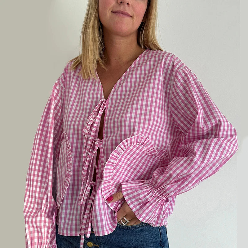 Vintage V Neck Crop Top With Front Tie And Puff Sleeves