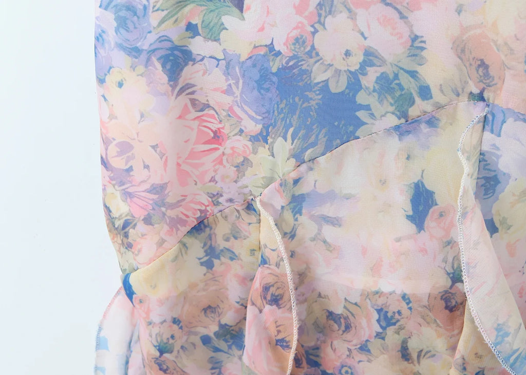 Gradient Floral Ruffles Chiffon Dress With V Neck Backless