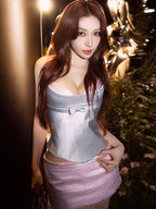 Sweet 2-Piece Set Women Patchwork Bow Decoration Low-Neck Camisole+Jacquard Mini Skirt