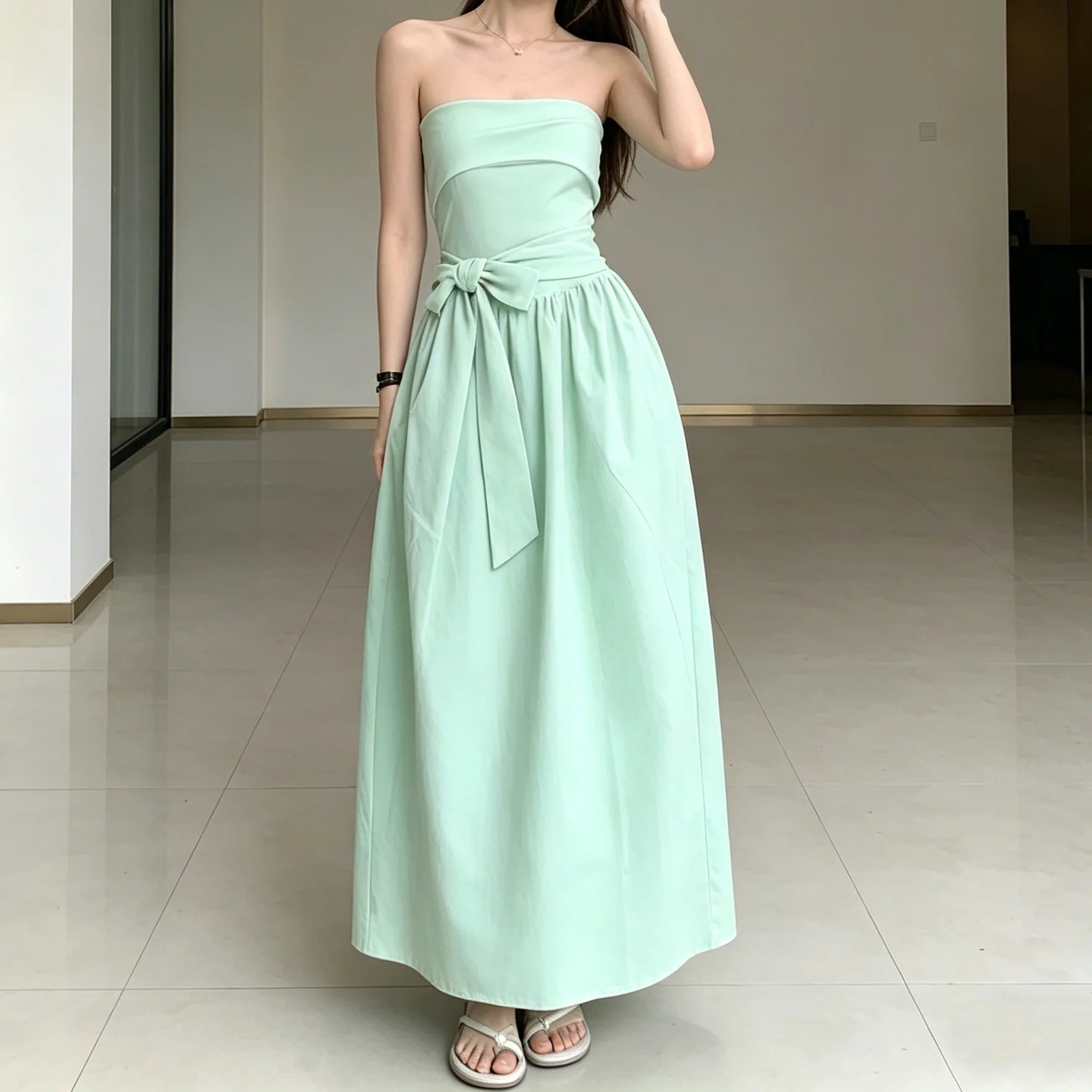 Strapless Bow Tie Maxi Dress With Cinched Waist Elegant Flowing A Line Gown