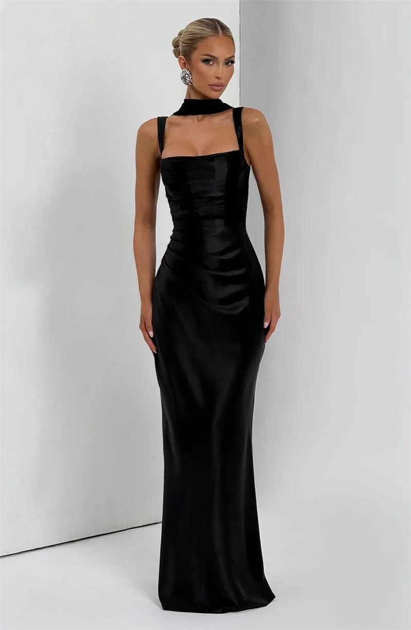 Elegant Satin Backless Halter Off-Shoulder Maxi Dress