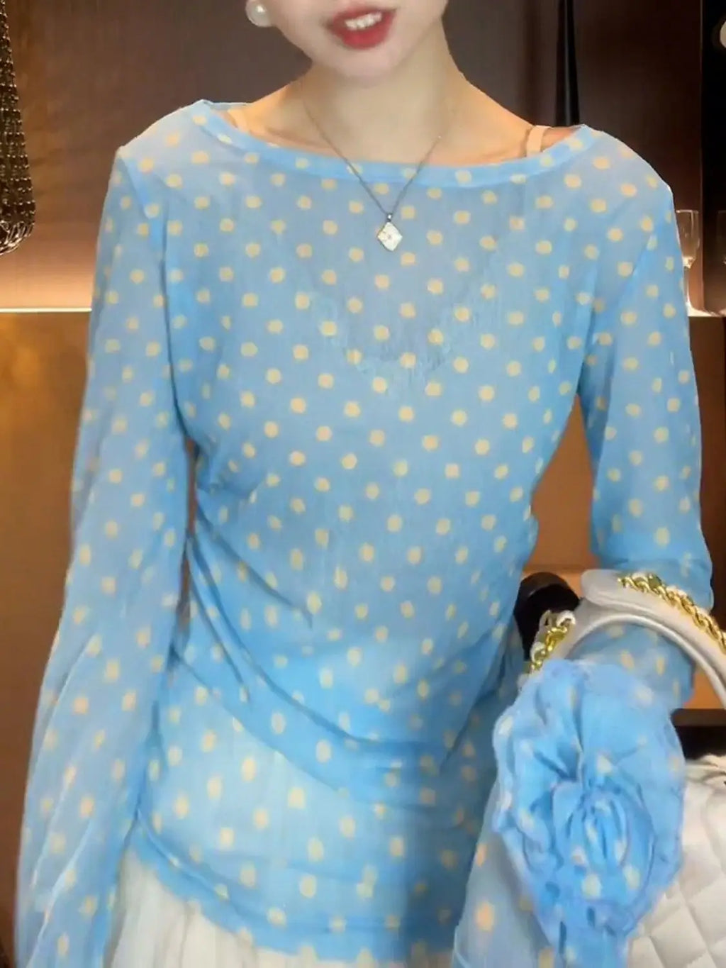 Breezy Ocean Blue Polka Dot Sheer Blouse With Long Sleeves And Boat Neck