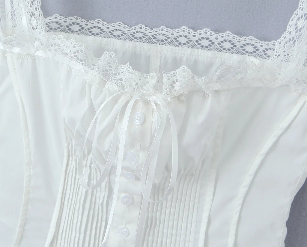 White Lace Trim Crop Top With Ribbon Bow Collar