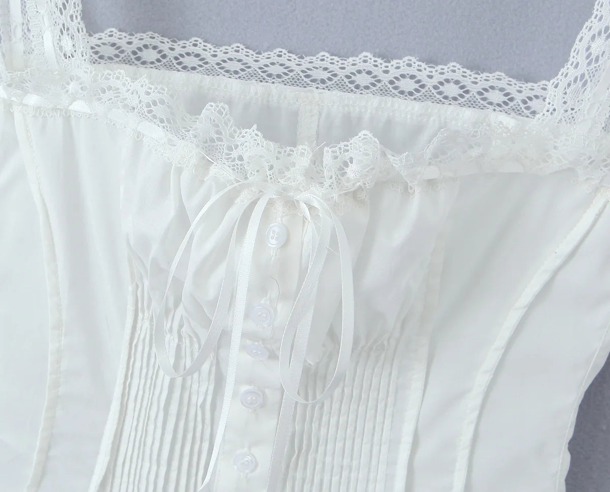 White Lace Trim Crop Top With Ribbon Bow Collar