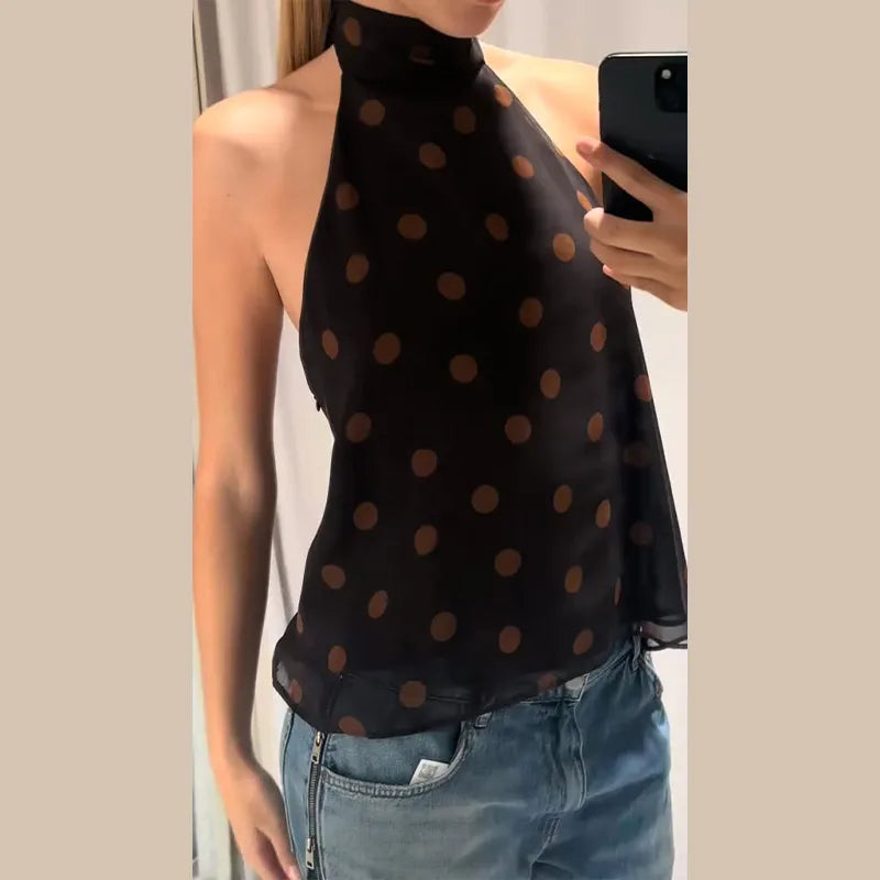 Polka Dot Off Shoulder Tank Top With Lace Up Bow Backless Sleeveless