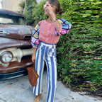 Vivid Multicolor Stripe Wide Leg Jeans With Pockets Low Waist Denim Trousers