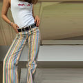Vivid Multicolor Stripe Wide Leg Jeans With Pockets Low Waist Denim Trousers
