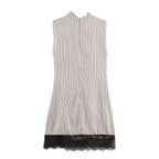 Pleated Hem Patchwork Mini Dress With Lace Inset Slit Detail Sleeveless Back Zip