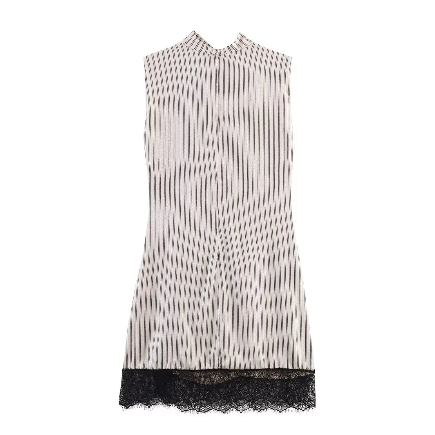 Pleated Hem Patchwork Mini Dress With Lace Inset Slit Detail Sleeveless Back Zip