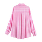 Pink Stripe Shirt Set With Pleated Long Skirt Elegant Two Piece Suit