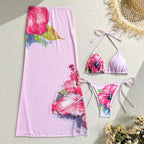 Flowers Printed With Skirt Halter Bikini Three-pieces Bikini set