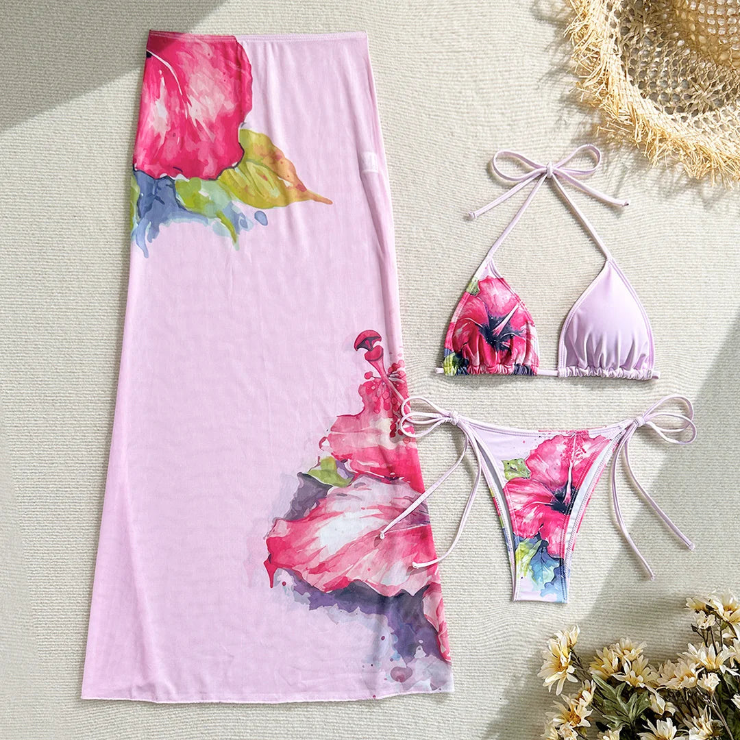 Flowers Printed With Skirt Halter Bikini Three-pieces Bikini set