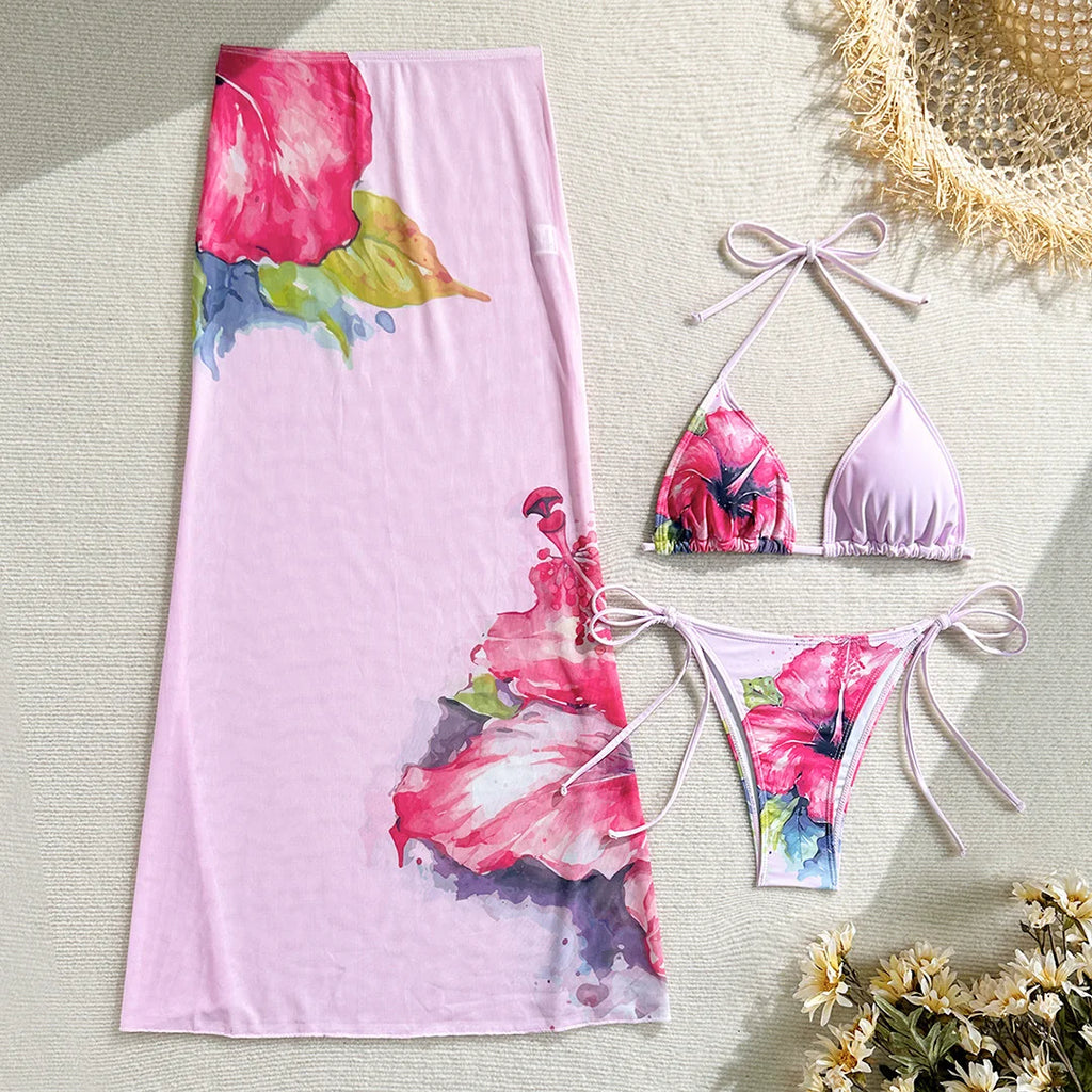 Flowers Printed With Skirt Halter Bikini Three-pieces Bikini set