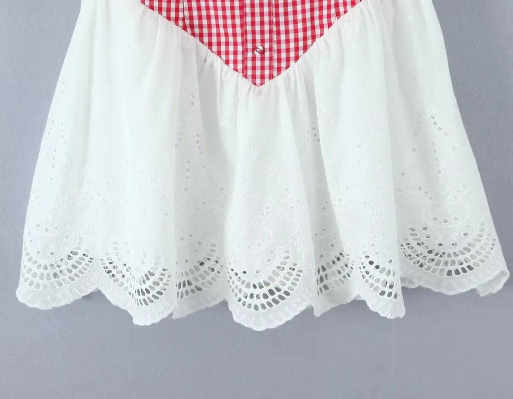 Sexy Women Plaid Spliced Sling Mini Summer Dress Lacing Up Bandage Back A-line Cotton Dress