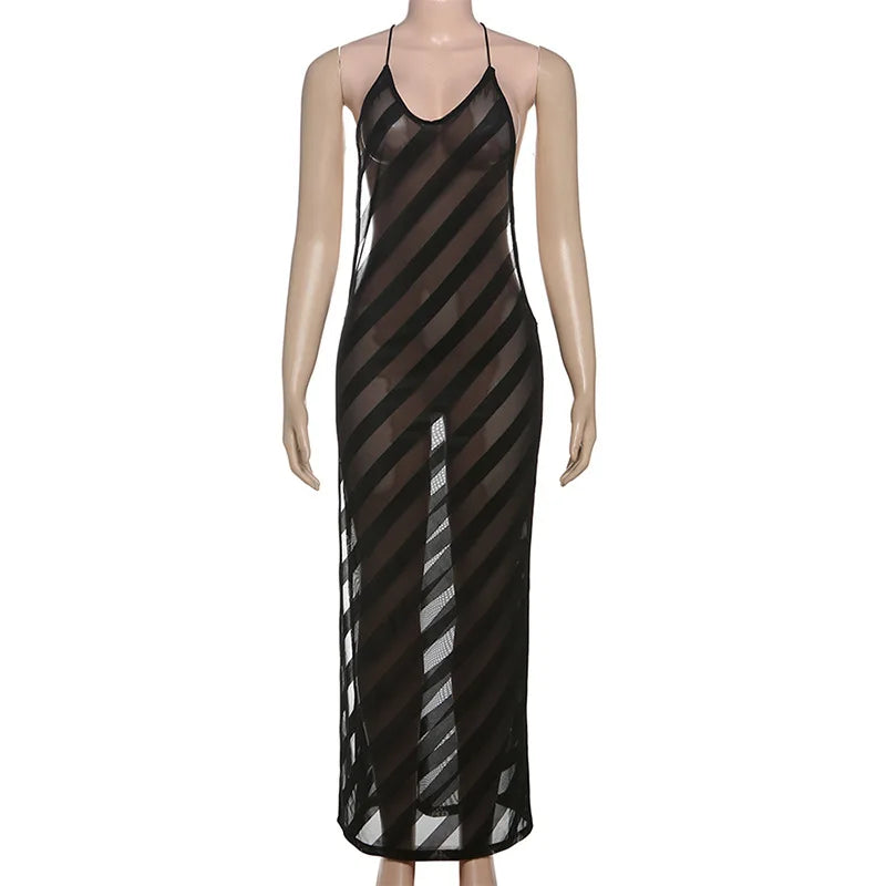 Mesh Halter Maxi Dress With See Through Bodice Sleeveless Backless