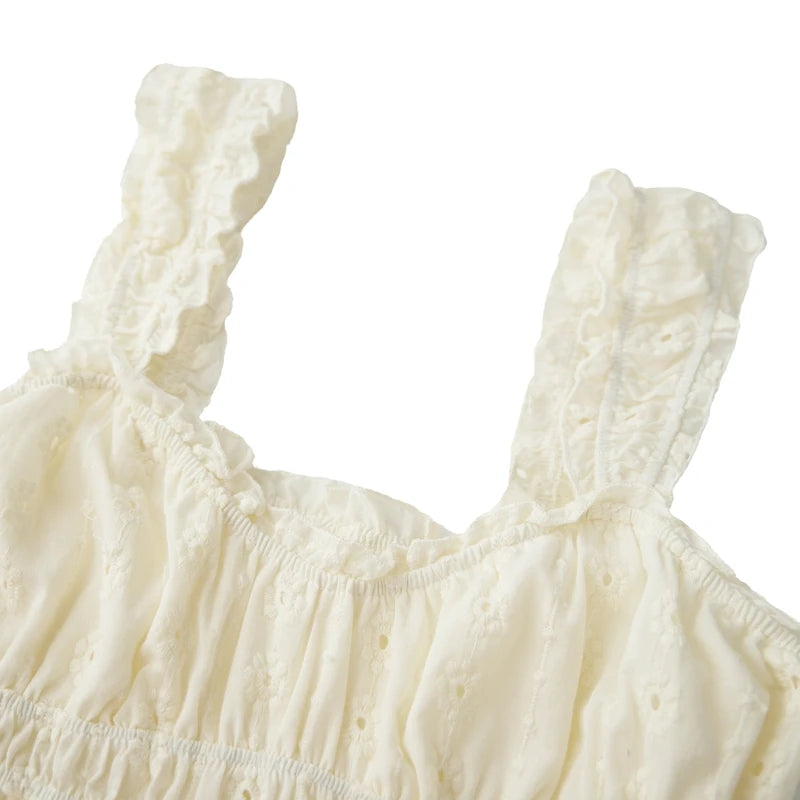 Ruffles Hem Babydoll A-line Dress Vintage Eyelet Mini Dress