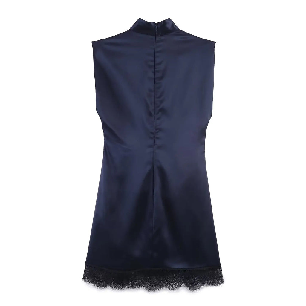 Pleated Hem Patchwork Mini Dress With Lace Inset Slit Detail Sleeveless Back Zip