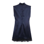 Pleated Hem Patchwork Mini Dress With Lace Inset Slit Detail Sleeveless Back Zip
