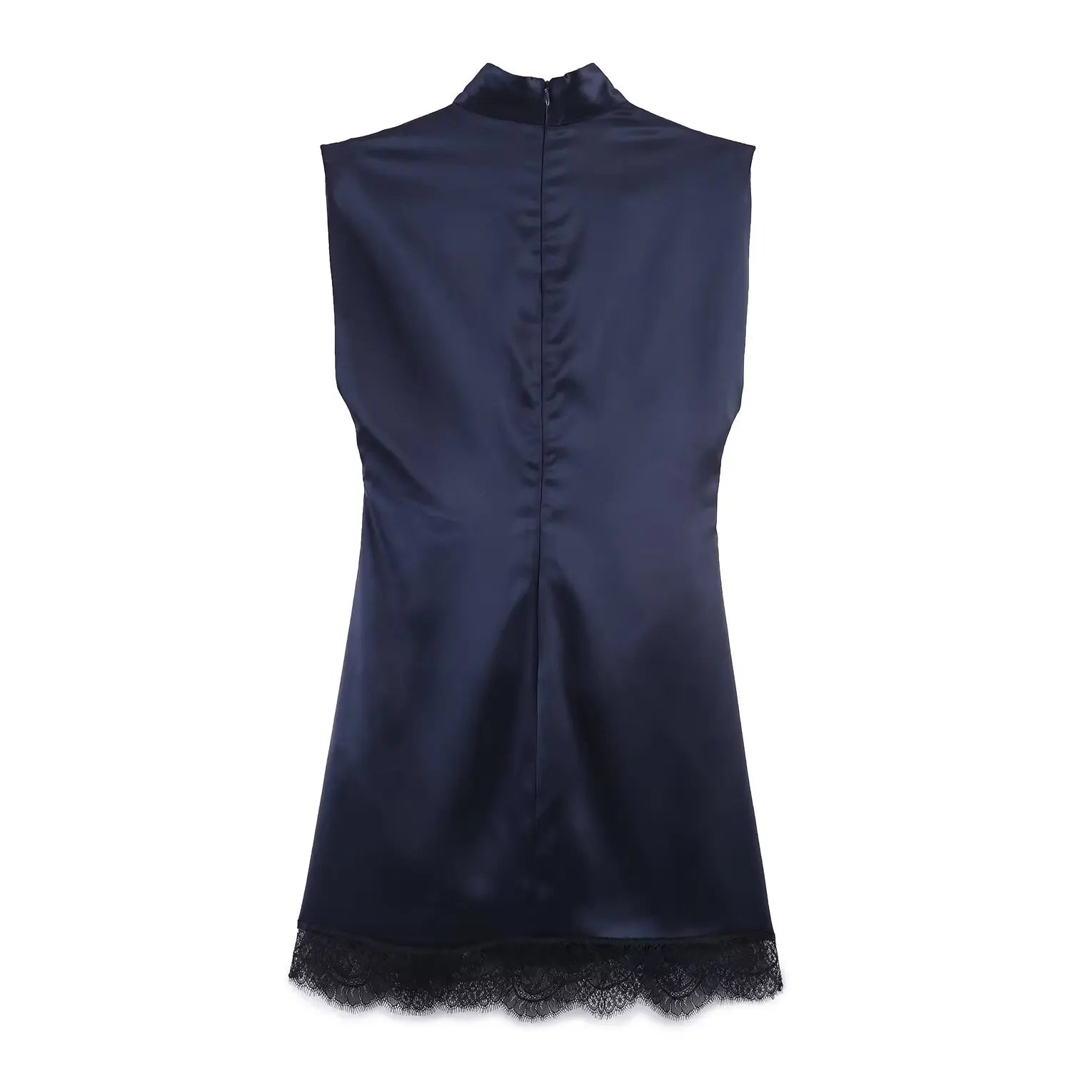 Pleated Hem Patchwork Mini Dress With Lace Inset Slit Detail Sleeveless Back Zip