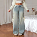 Washed Denim Wide Leg Pants With Lace Up Detail Pockets