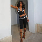 Patchwork Polka Dot Print Two Piece Set With Backless Halter Crop Top And Pleated Waist Capri Pants