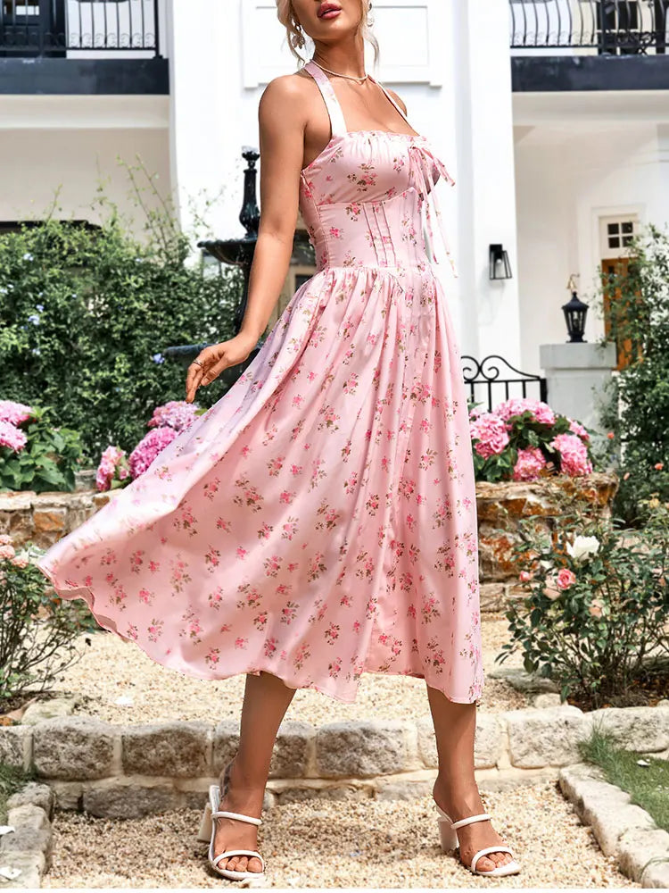 Floral Halter Midi Dress With Spaghetti Straps, Backless Corset Waist Tie Up Detail