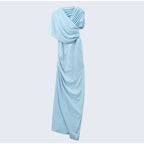 Blue Irregular Shawl Maxi Dress Slim Fit Pleated Turtleneck Elegant Evening