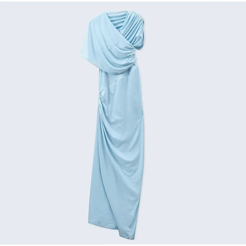 Blue Irregular Shawl Maxi Dress Slim Fit Pleated Turtleneck Elegant Evening