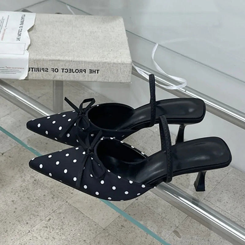 Satin Butterfly Polka Dot Pointed Toe Mules For Women Low Heel Pumps