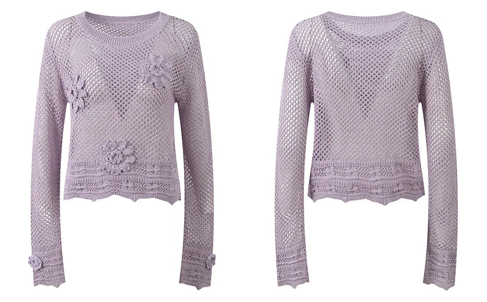 Sunlit Hollow Knit Top Elegant Long Sleeve Jumper Lightweight Sweater