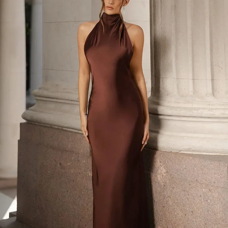 Satin Halter Backless Maxi Dress With Ribbon Tie Sleeveless Evening Gown