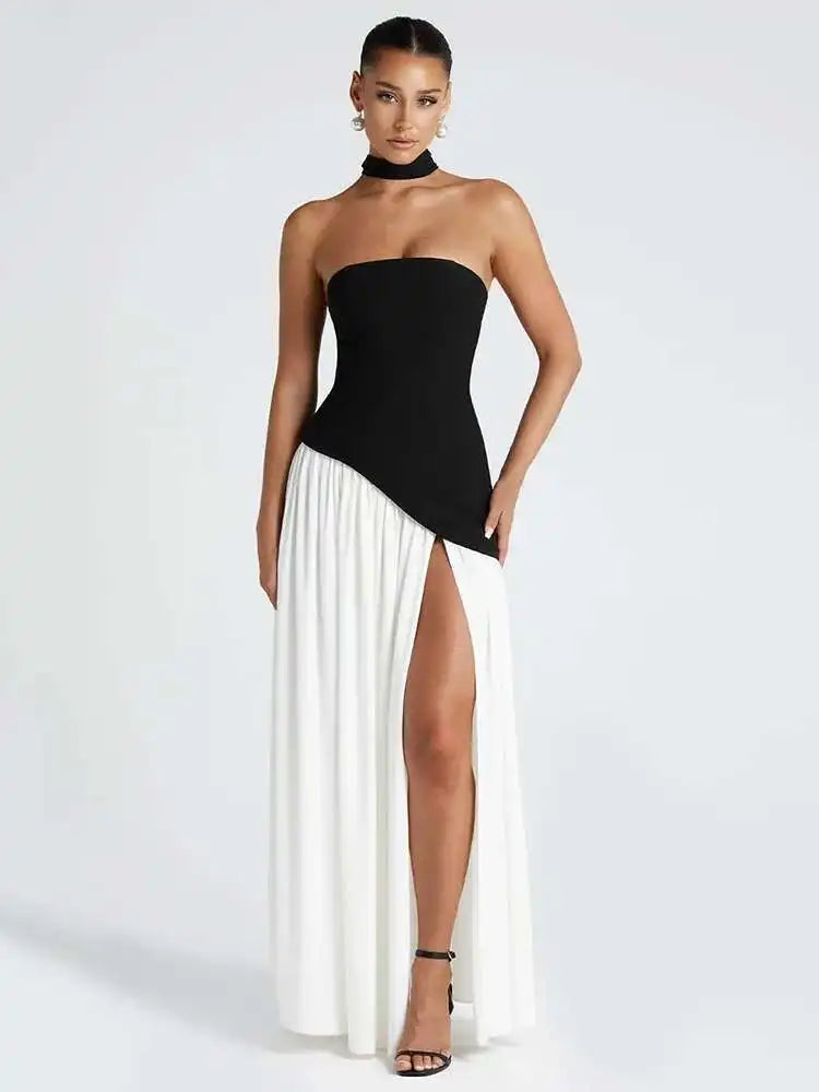 Elegant Off-Shoulder Evening Gown With Patchwork Pleats And Scarf Neck High Split Long Dress