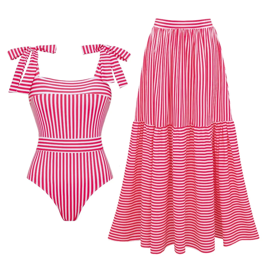 White Striped Two Piece Swimsuit With Halter Top And Long Skirt Beachwear For Summer Vacations
