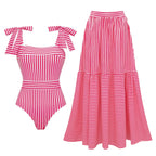 White Striped Two Piece Swimsuit With Halter Top And Long Skirt Beachwear For Summer Vacations