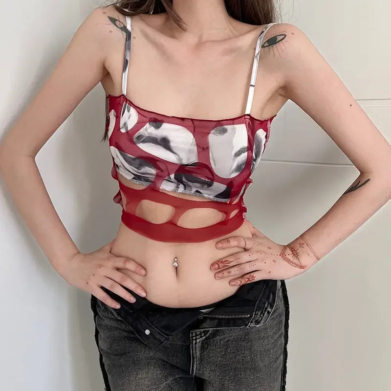 Hollow-out Cropped Tank Top Backless With Dreamy Vintage Fairy Grunge Print