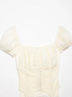 Female Slim Fit Square Neck Puff Sleeve Lace Ruched Corset Waist Short Blouse